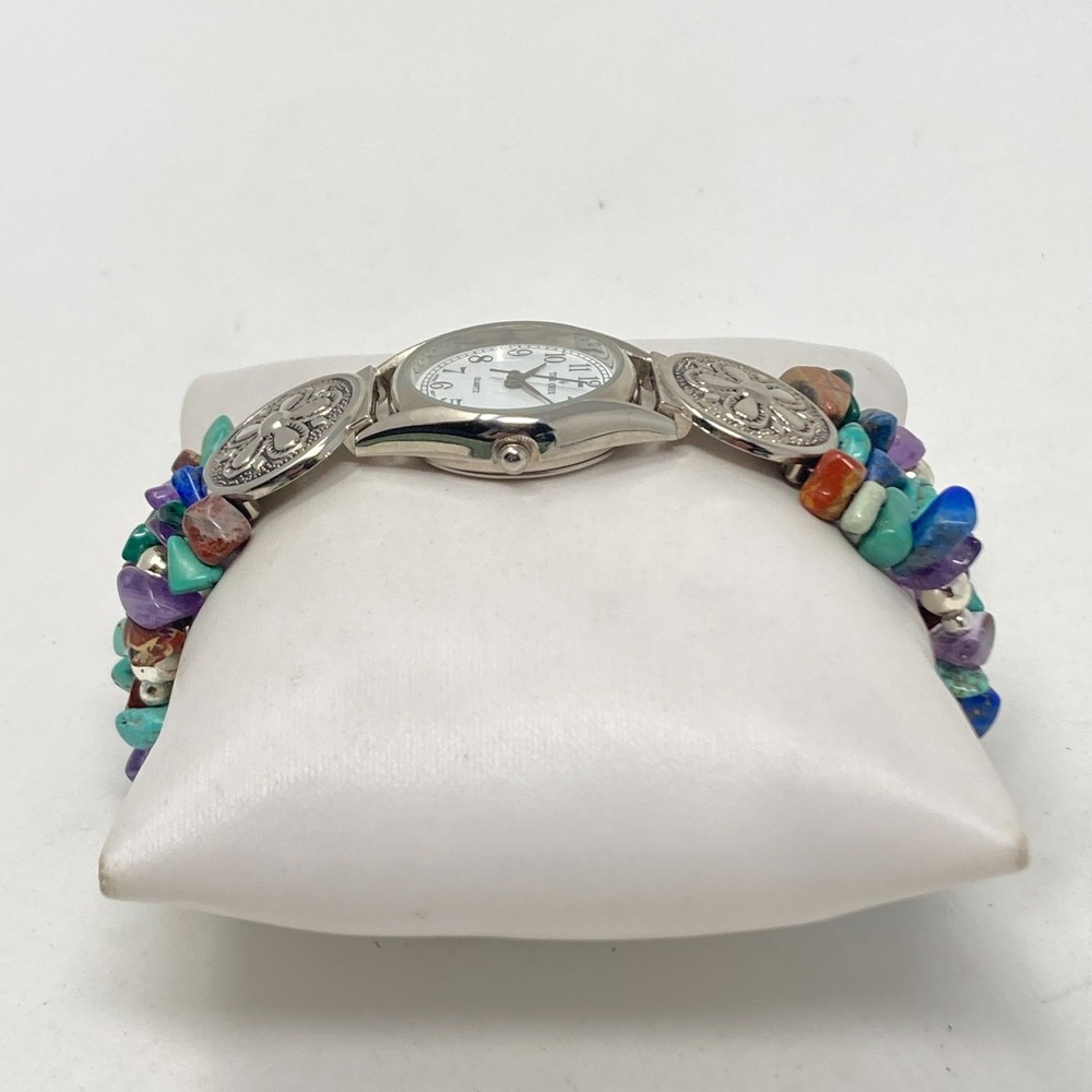 Oryx Watch Women Silver Tone Gemstone Band Amethyst Jasper 24mm New Batter 7.25" - Picture 5 of 16